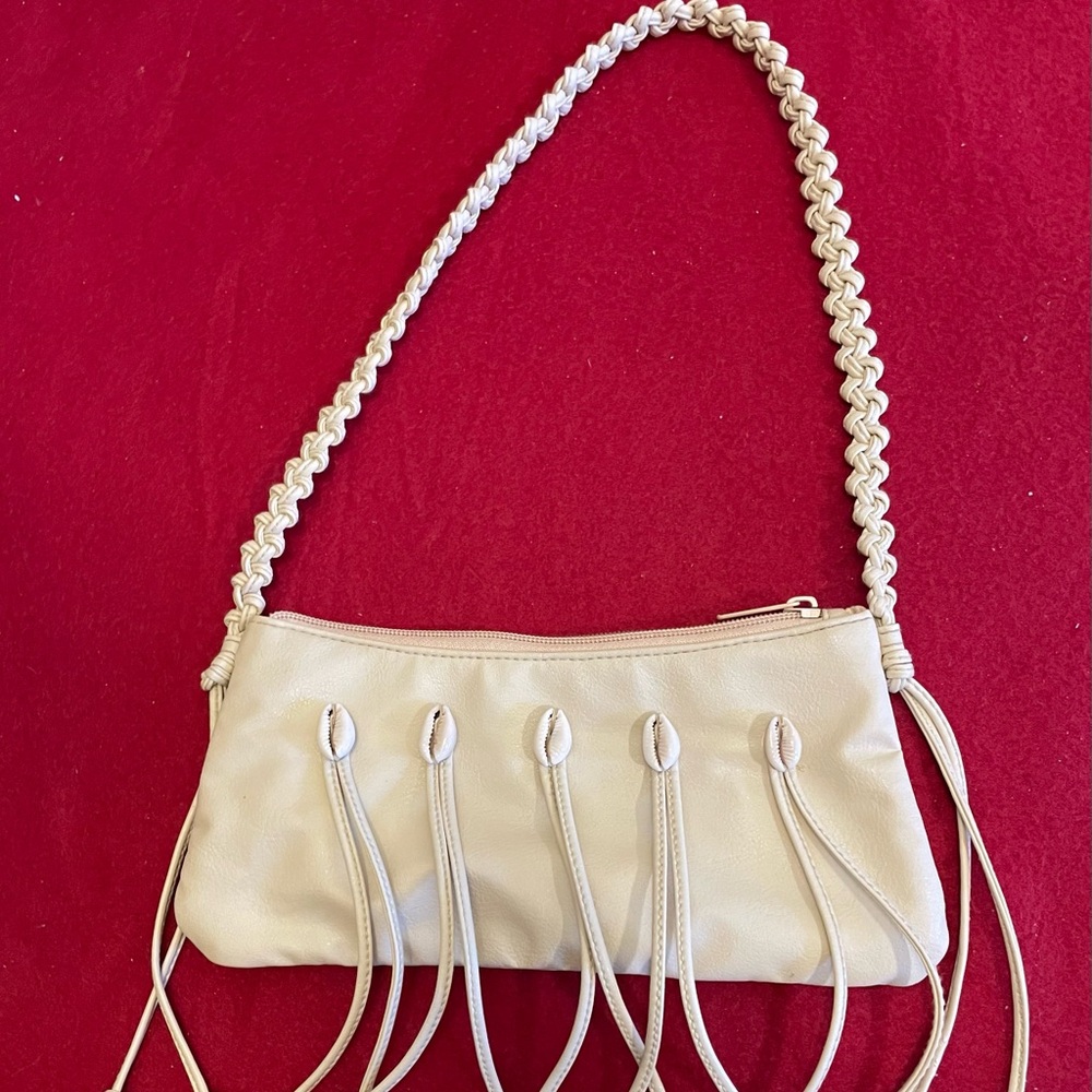 Cream Shoulder Bag with Braided Strap and Fringe